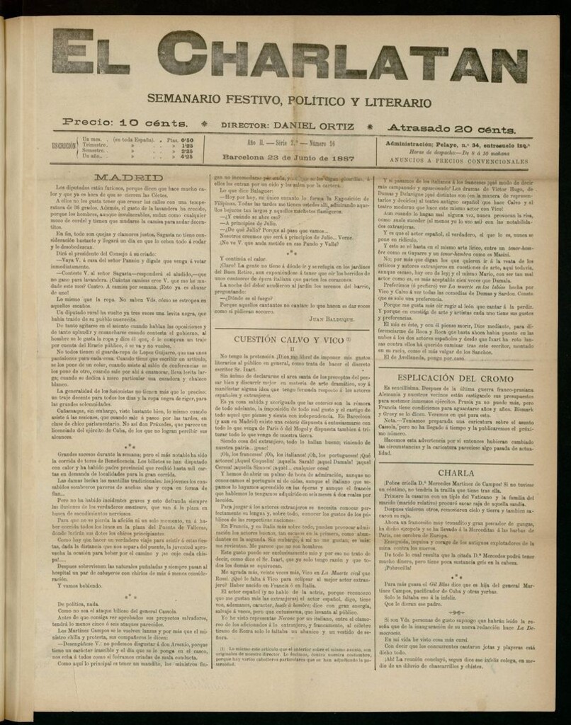 Miniatura de El Charlatán: semanario festivo, político y literario del 23 de Junio de 1887