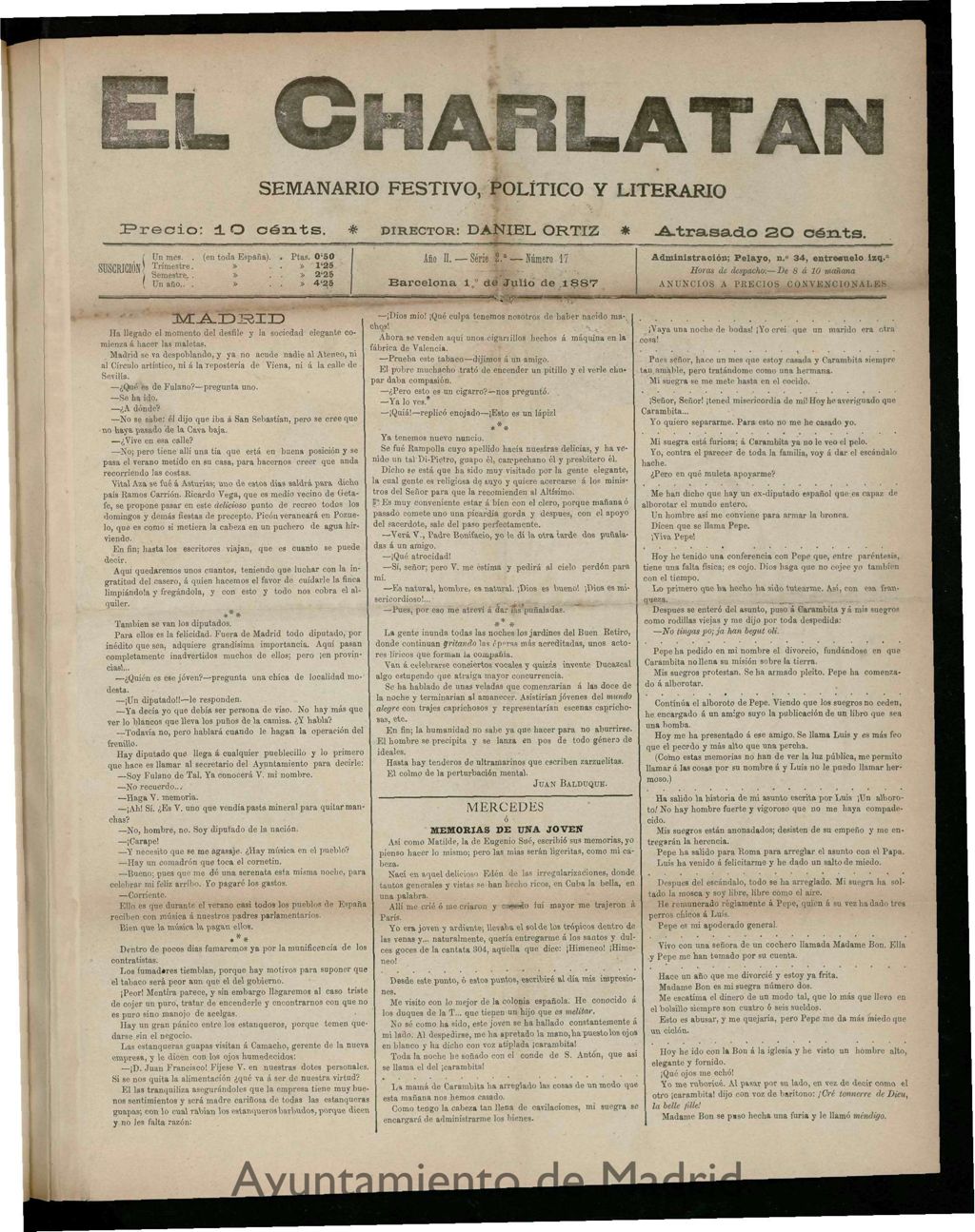 Miniatura de El Charlatán: semanario festivo, político y literario del 1 de Julio de 1887