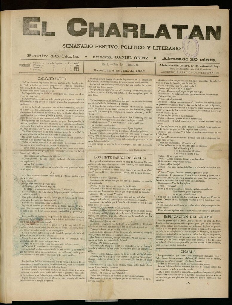 Miniatura de El Charlatán: semanario festivo, político y literario del 8 de Julio de 1887