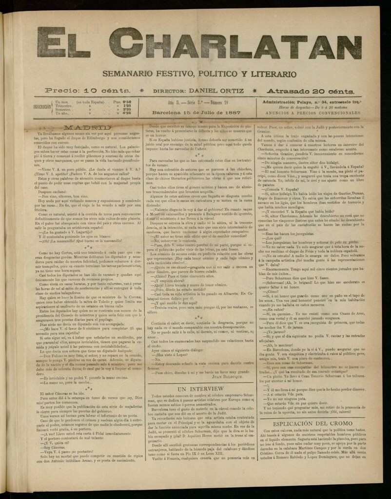 Miniatura de El Charlatán: semanario festivo, político y literario del 15 de Julio de 1887