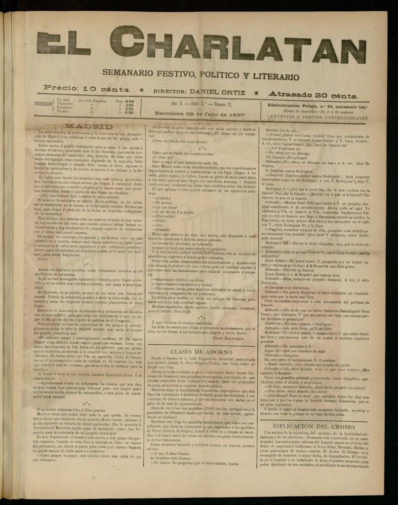 Miniatura de El Charlatán: semanario festivo, político y literario del 29 de Julio de 1887
