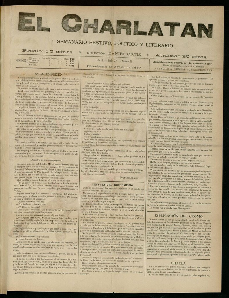 Miniatura de El Charlatán: semanario festivo, político y literario del 5 de Agosto de 1887