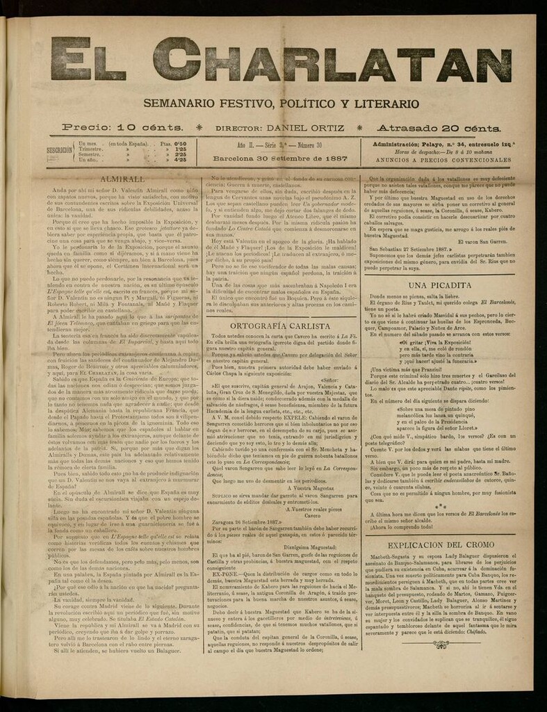 Miniatura de El Charlatán: semanario festivo, político y literario del 30 de Septiembre de 1887