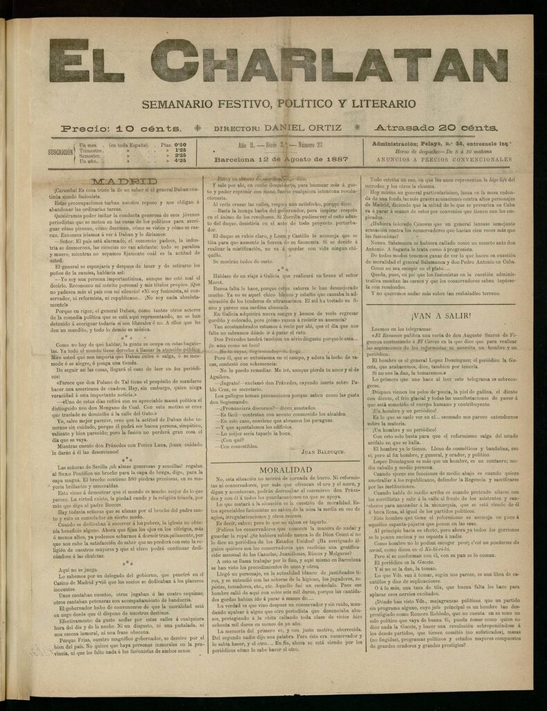 Miniatura de El Charlatán: semanario festivo, político y literario del 12 de Agosto de 1887