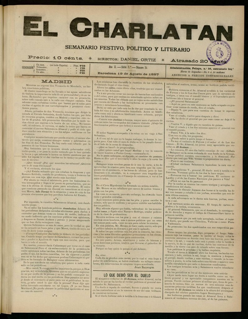 Miniatura de El Charlatán: semanario festivo, político y literario del 19 de Agosto de 1887