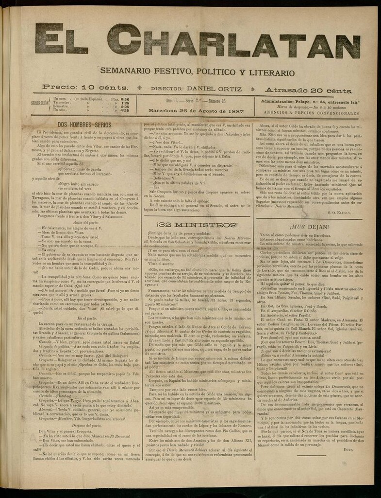 Miniatura de El Charlatán: semanario festivo, político y literario del 26 de Agosto de 1887