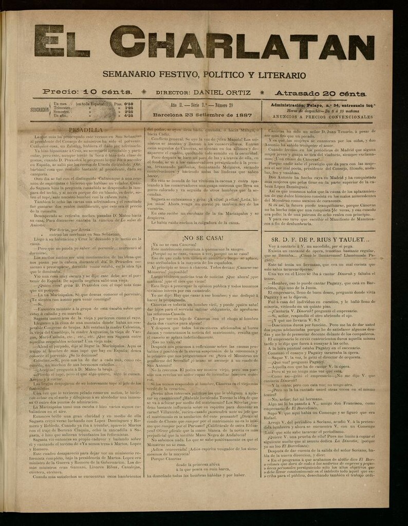 Miniatura de El Charlatán: semanario festivo, político y literario del 23 de Septiembre de 1887