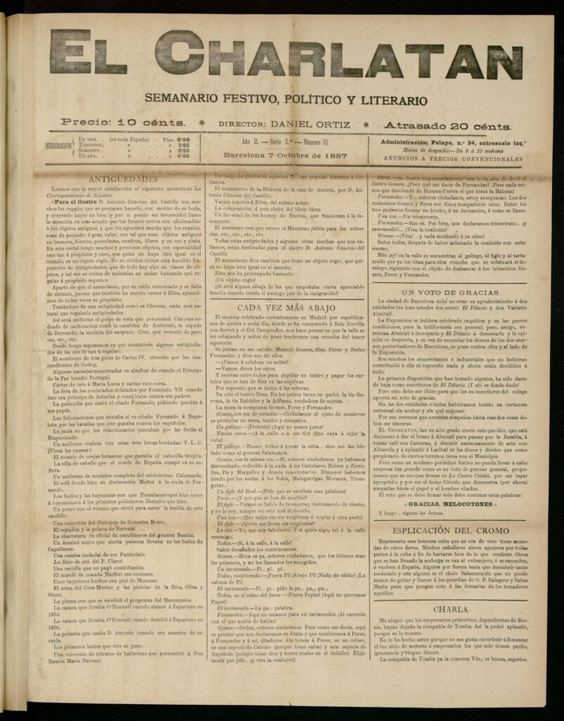 Miniatura de El Charlatán: semanario festivo, político y literario del 7 de Octubre de 1887