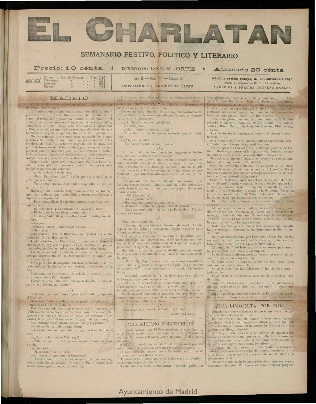 Miniatura de El Charlatán: semanario festivo, político y literario del 21 de Octubre de 1887