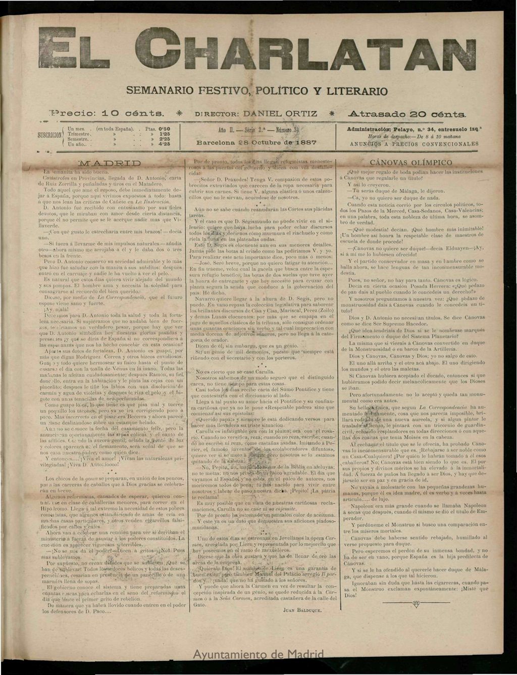 Miniatura de El Charlatán: semanario festivo, político y literario del 28 de Octubre de 1887