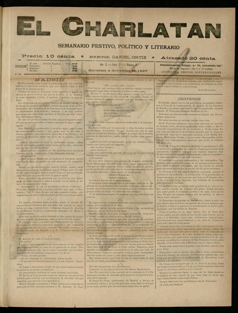 Miniatura de El Charlatán: semanario festivo, político y literario del 4 de Noviembre de 1887