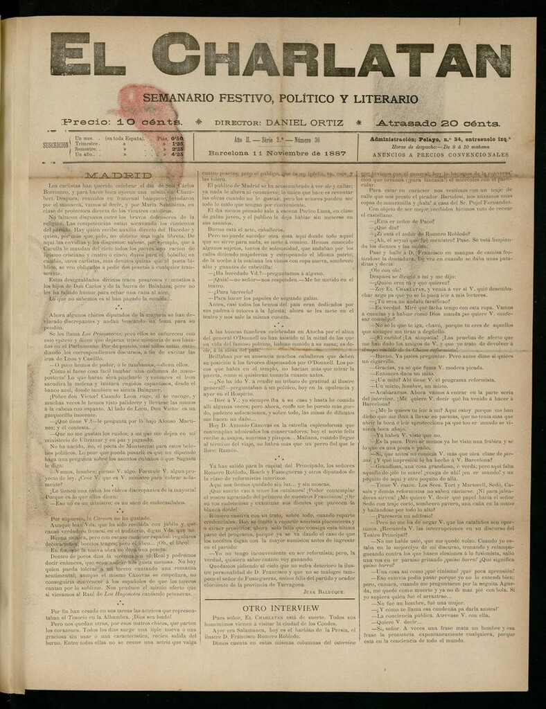 Miniatura de El Charlatán: semanario festivo, político y literario del 11 de Noviembre de 1887