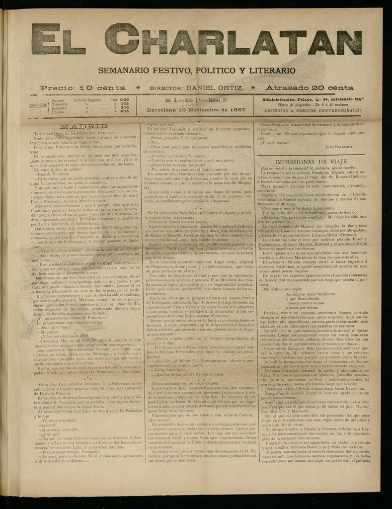 Miniatura de El Charlatán: semanario festivo, político y literario del 18 de Noviembre de 1887