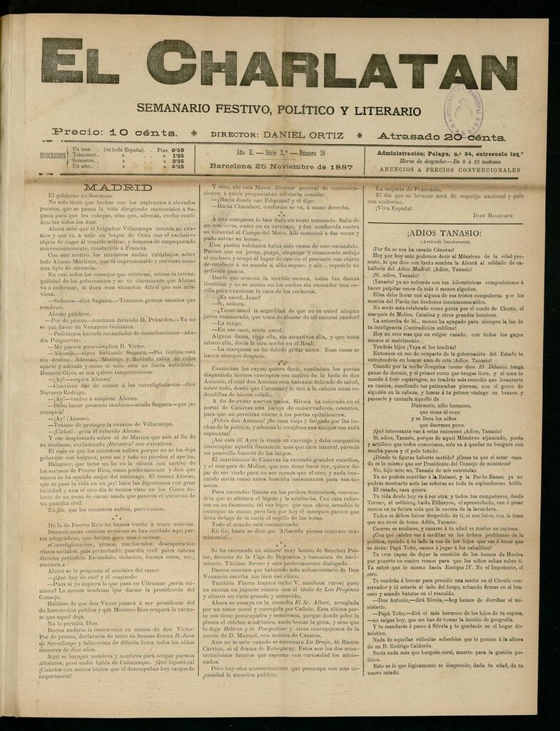 Miniatura de El Charlatán: semanario festivo, político y literario del 25 de Noviembre de 1887
