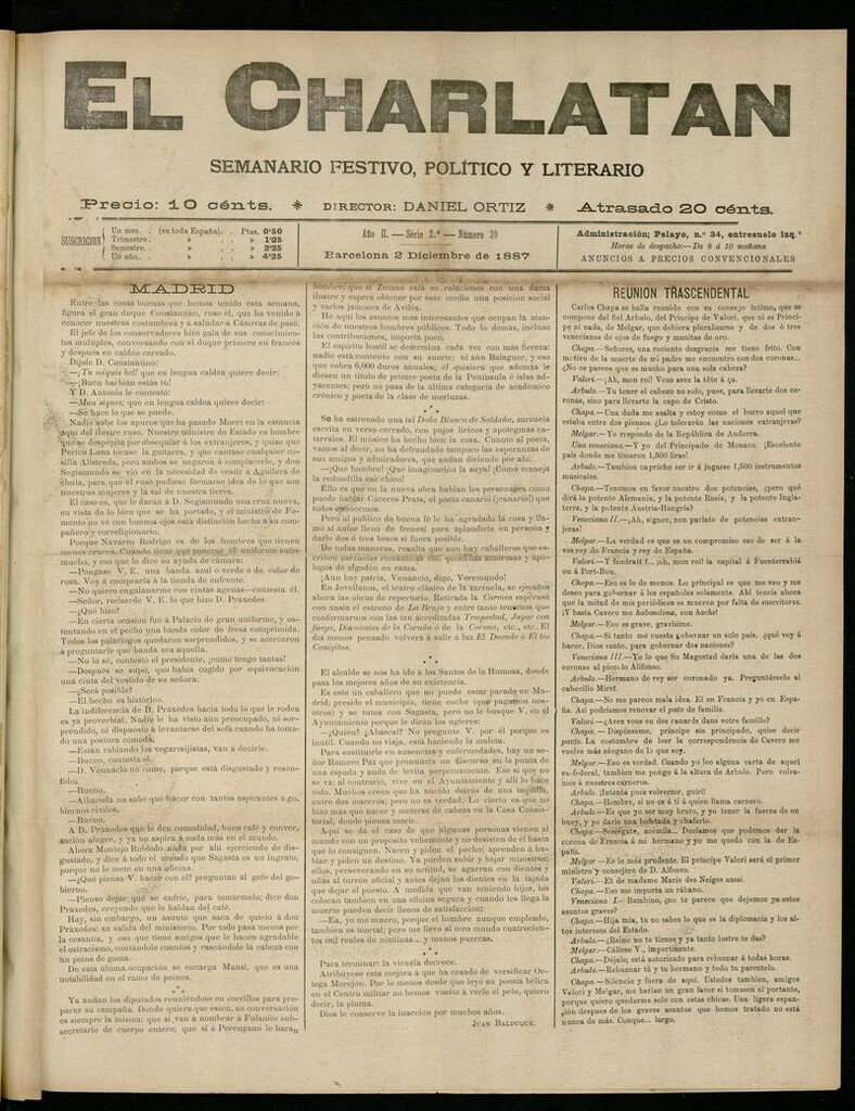 Miniatura de El Charlatán: semanario festivo, político y literario del 2 de Diciembre de 1887