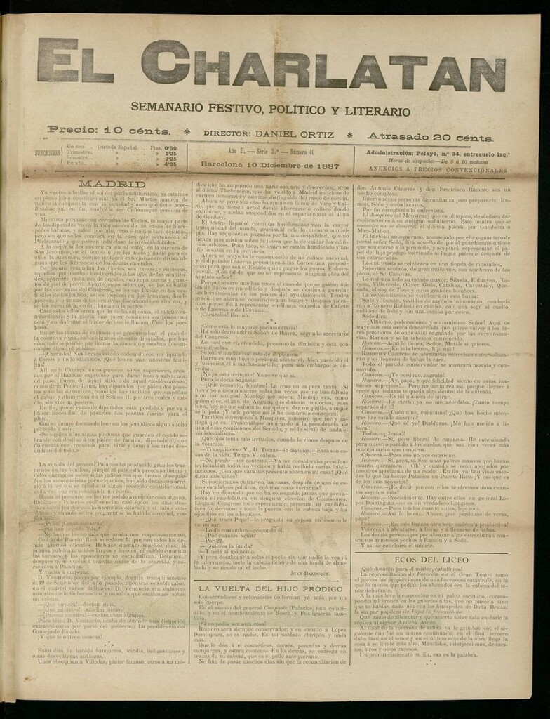 Miniatura de El Charlatán: semanario festivo, político y literario del 10 de Diciembre de 1887