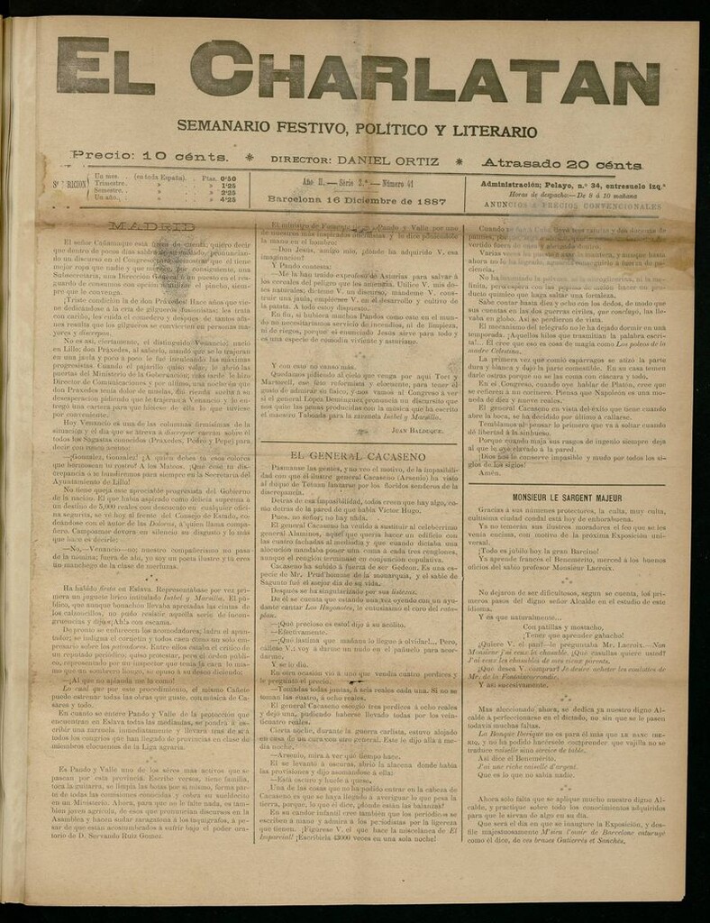 Miniatura de El Charlatán: semanario festivo, político y literario del 16 de Diciembre de 1887