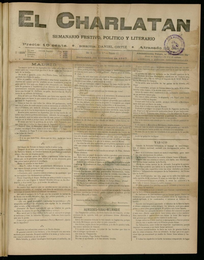 Miniatura de El Charlatán: semanario festivo, político y literario del 30 de Diciembre de 1887