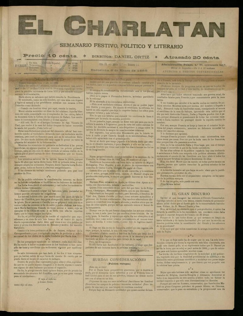 Miniatura de El Charlatán: semanario festivo, político y literario del 6 de Enero de 1888