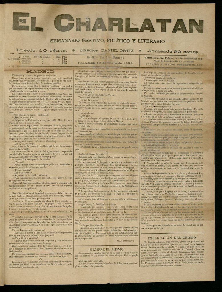 Miniatura de El Charlatán: semanario festivo, político y literario del 13 de Enero de 1888