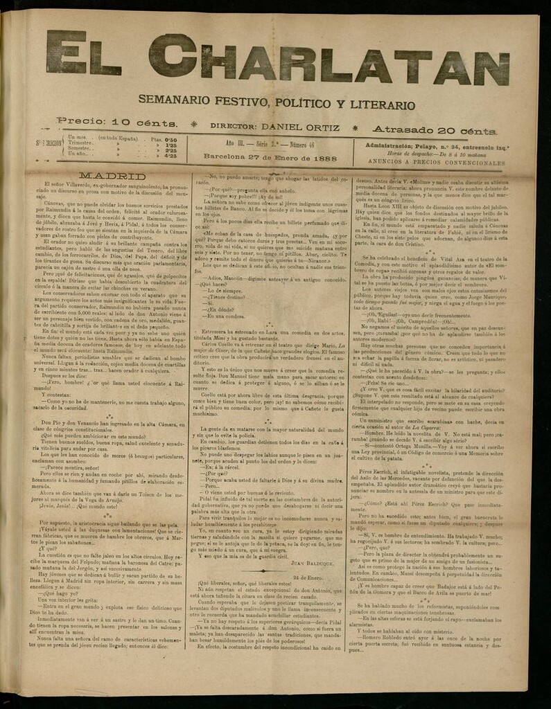 Miniatura de El Charlatán: semanario festivo, político y literario del 27 de Enero de 1888