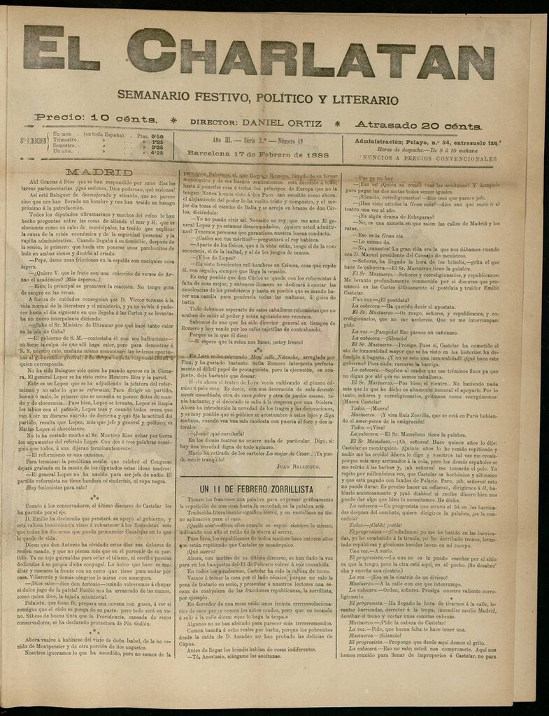 Miniatura de El Charlatán: semanario festivo, político y literario del 17 de Febrero de 1888