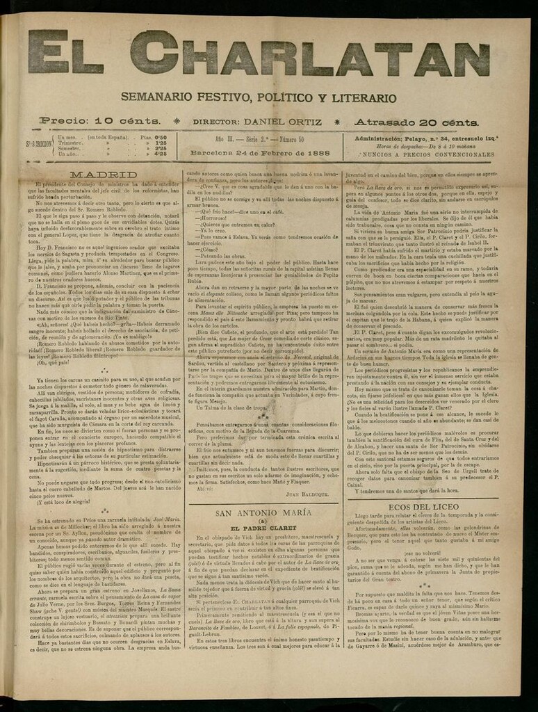 Miniatura de El Charlatán: semanario festivo, político y literario del 24 de Febrero de 1888