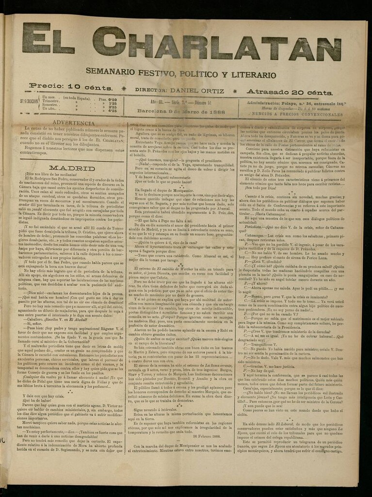 Miniatura de El Charlatán: semanario festivo, político y literario del 9 de Marzo de 1888