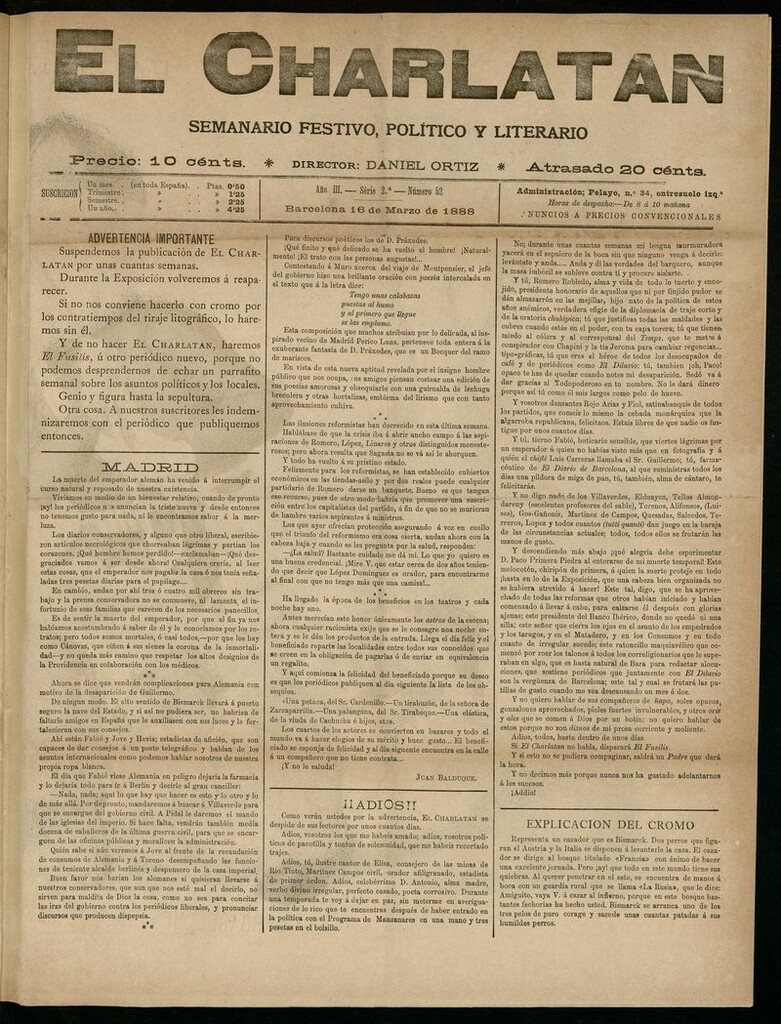 Miniatura de El Charlatán: semanario festivo, político y literario del 16 de Marzo de 1888