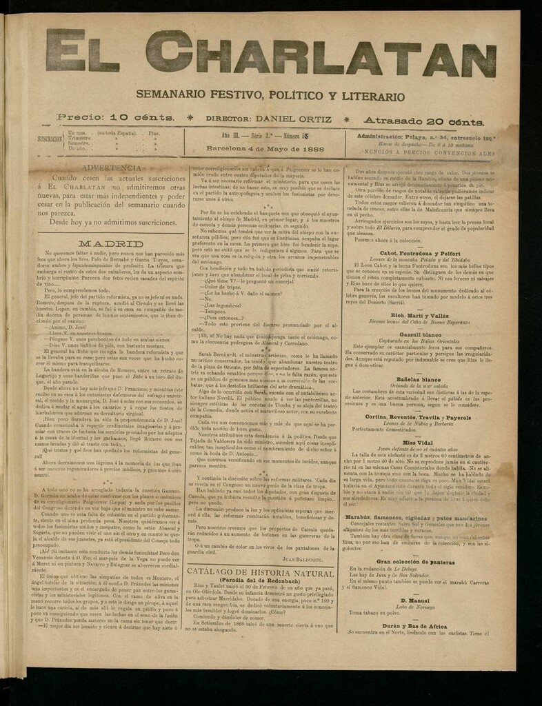 Miniatura de El Charlatán: semanario festivo, político y literario del 4 de Mayo de 1888