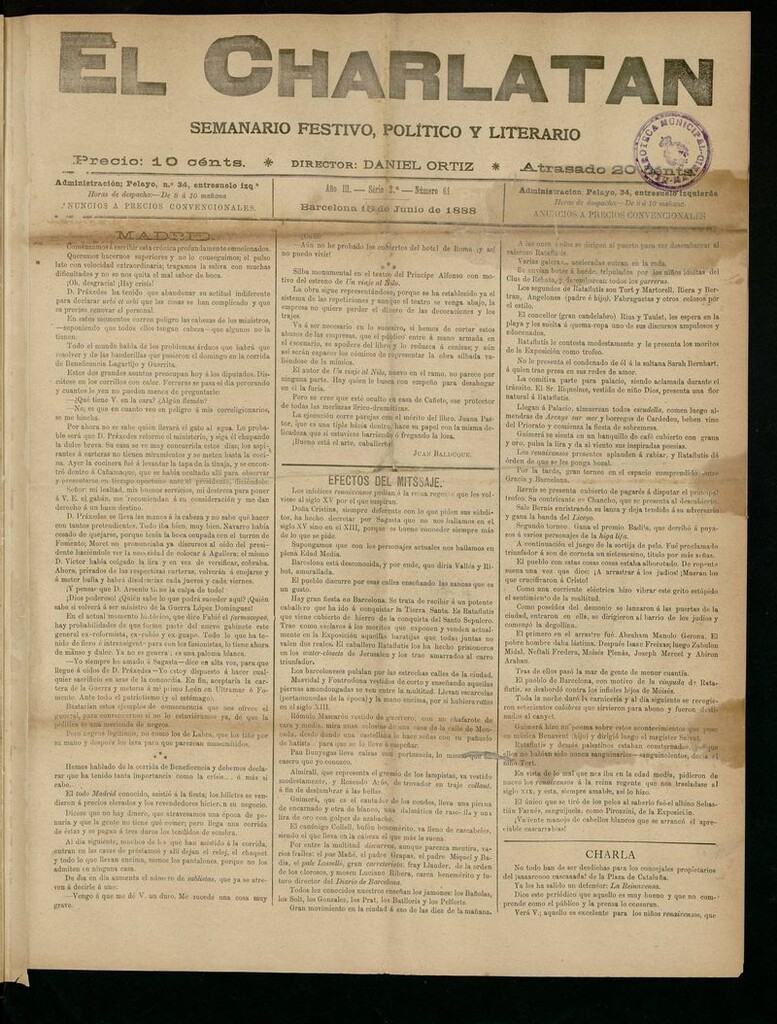 Miniatura de El Charlatán: semanario festivo, político y literario del 15 de Junio de 1888