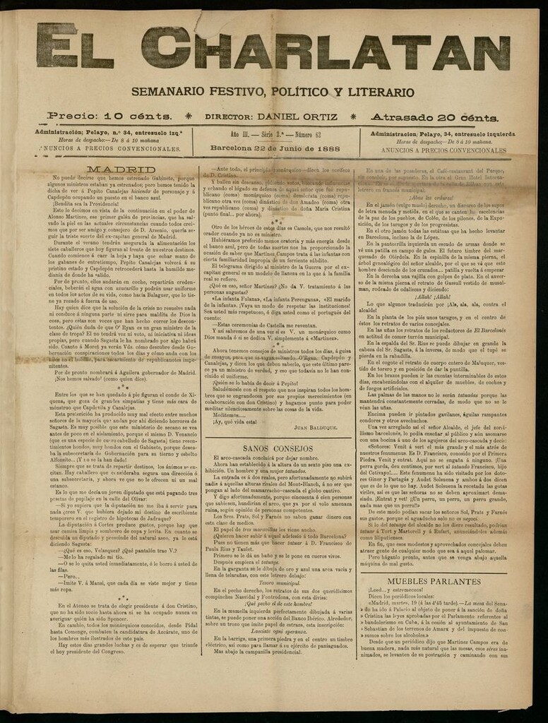 Miniatura de El Charlatán: semanario festivo, político y literario del 22 de Junio de 1888