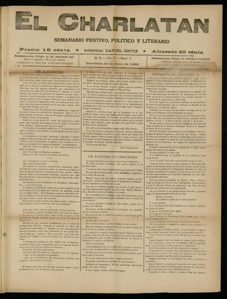 Miniatura de El Charlatán: semanario festivo, político y literario del 29 de Junio de 1888