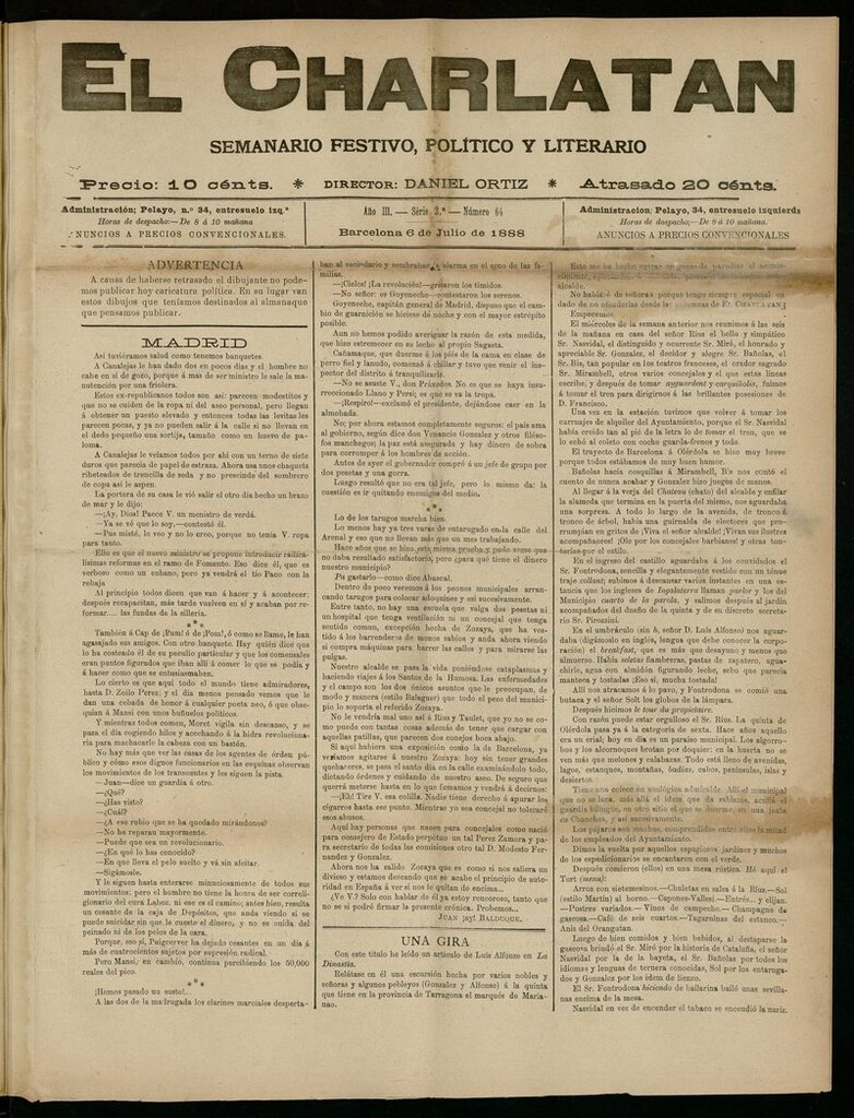 Miniatura de El Charlatán: semanario festivo, político y literario del 6 de Julio de 1888
