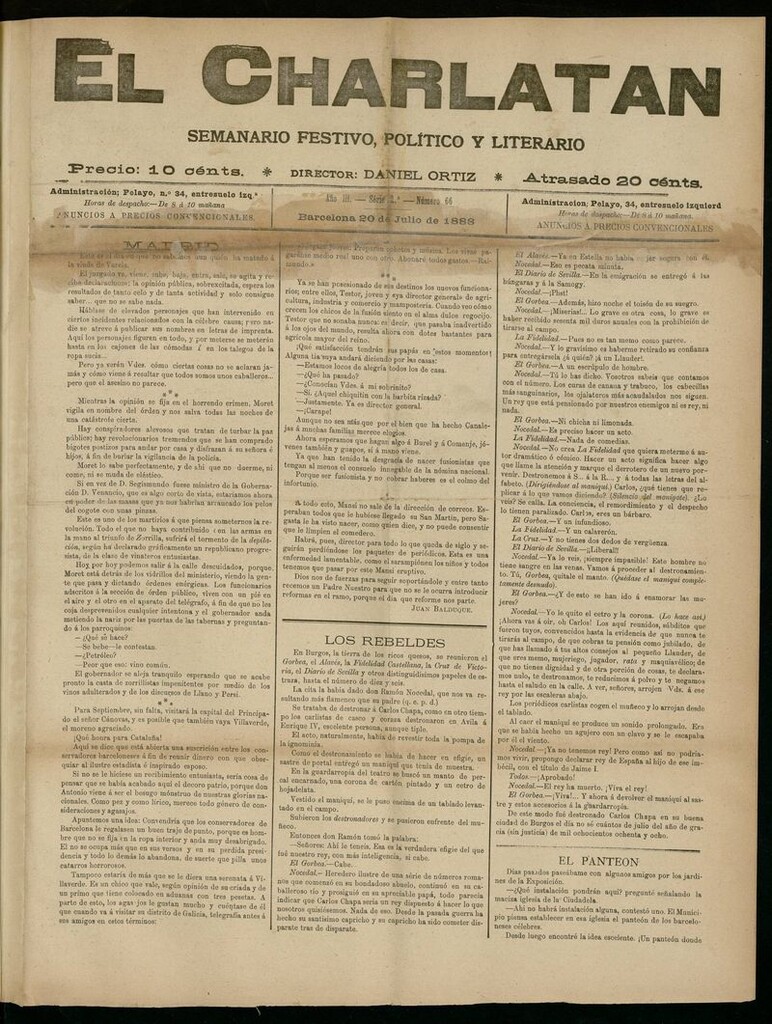Miniatura de El Charlatán: semanario festivo, político y literario del 20 de Julio de 1888