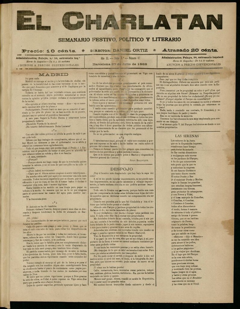 Miniatura de El Charlatán: semanario festivo, político y literario del 27 de Julio de 1888