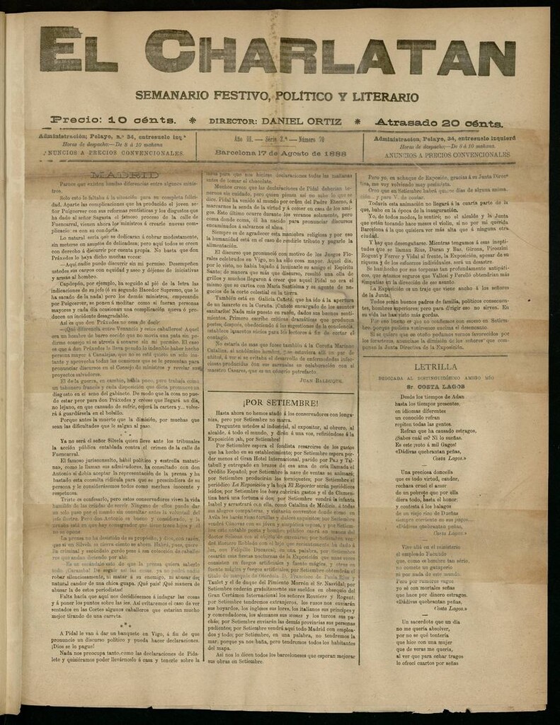 Miniatura de El Charlatán: semanario festivo, político y literario del 17 de Agosto de 1888