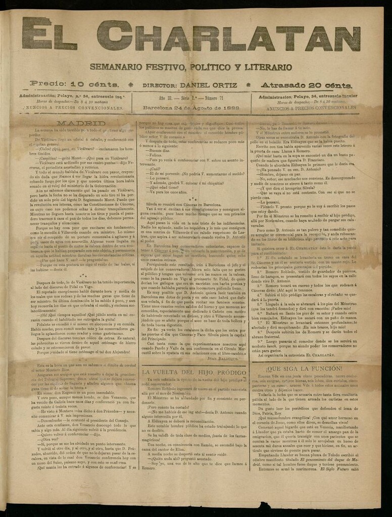 Miniatura de El Charlatán: semanario festivo, político y literario del 24 de Agosto de 1888