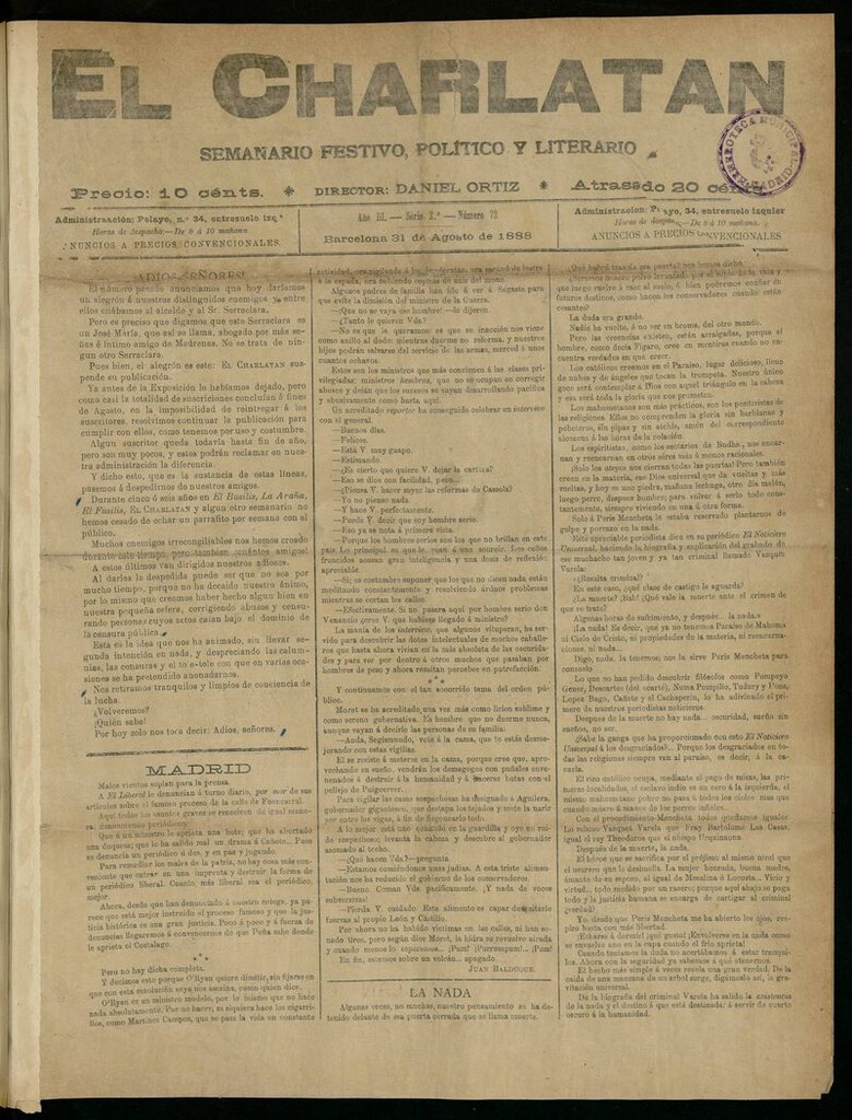 Miniatura de El Charlatán: semanario festivo, político y literario del 31 de Agosto de 1888