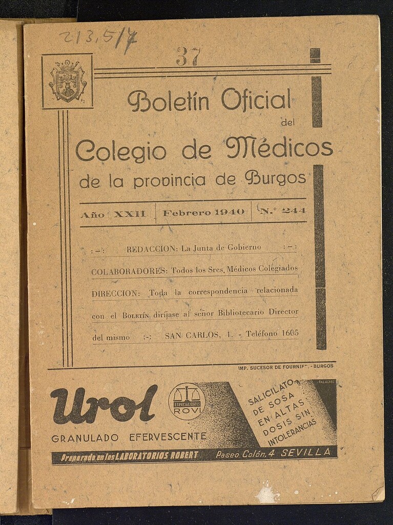 Miniatura de Boletín Oficial del Colegio de Médicos de la Provincia de Burgos. Febrero de 1940, nº 244