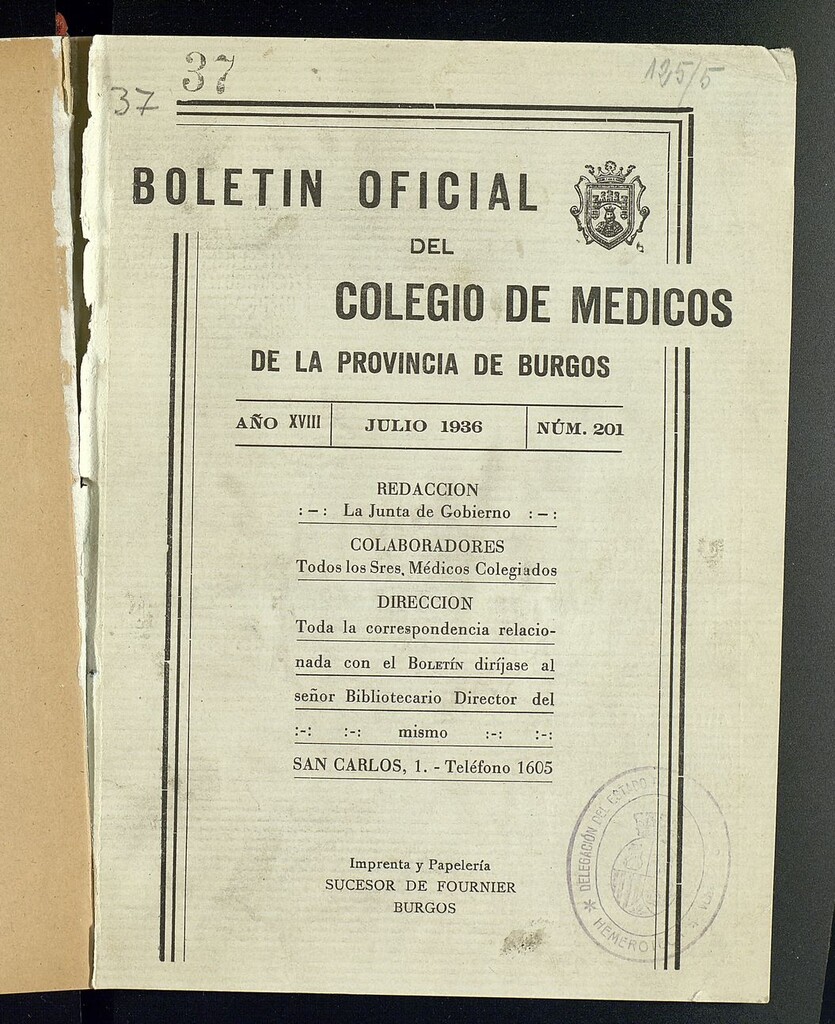 Miniatura de Boletín Oficial del Colegio de Médicos de la Provincia de Burgos. Julio de 1936, nº 201