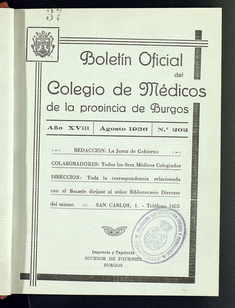 Miniatura de Boletín Oficial del Colegio de Médicos de la Provincia de Burgos. Agosto de 1936, nº 202