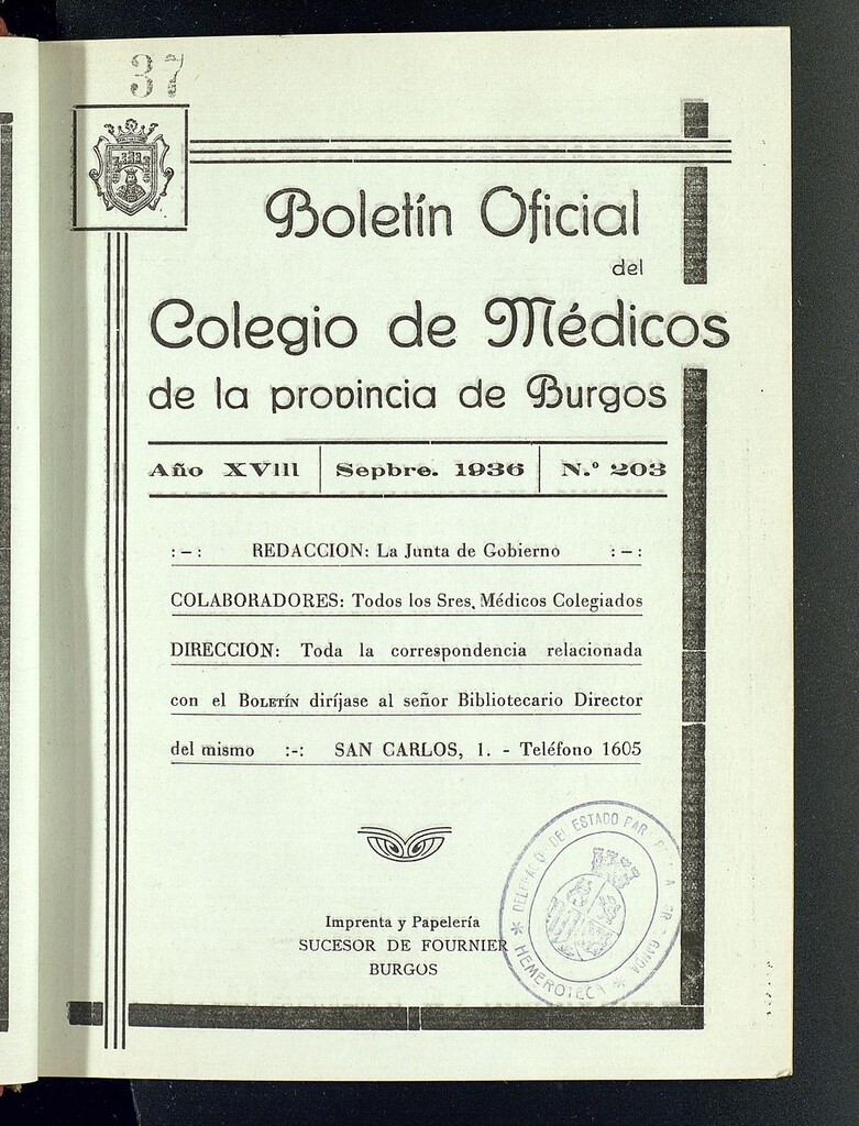 Miniatura de Boletín Oficial del Colegio de Médicos de la Provincia de Burgos. Septiembre de 1936, nº 203