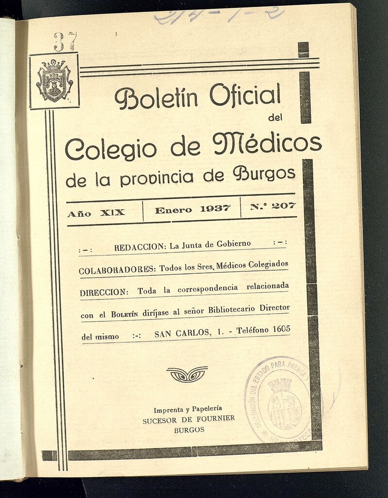Miniatura de Boletín Oficial del Colegio de Médicos de la Provincia de Burgos. Enero de 1937, nº 207