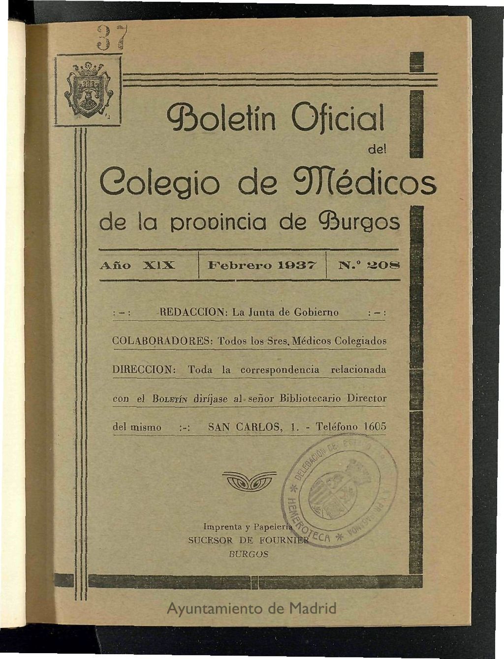 Miniatura de Boletín Oficial del Colegio de Médicos de la Provincia de Burgos. Febrero de 1937, nº 208