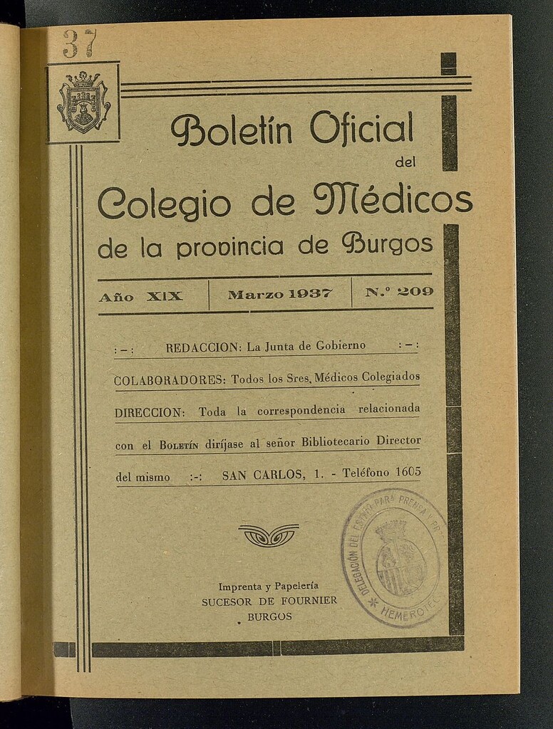 Miniatura de Boletín Oficial del Colegio de Médicos de la Provincia de Burgos. Marzo de 1937, nº 209