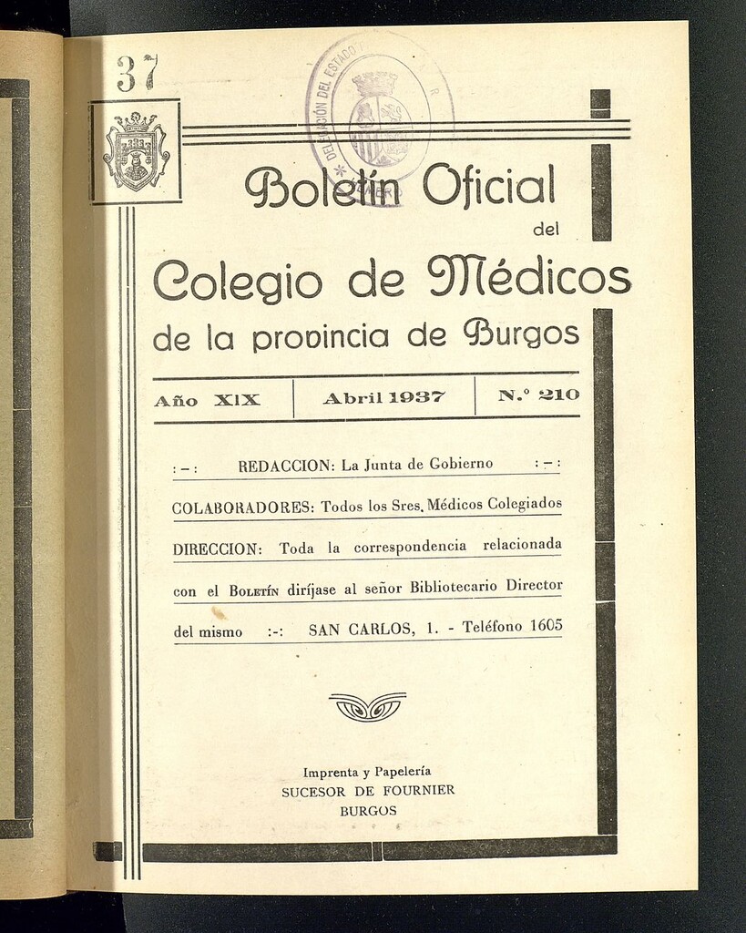 Miniatura de Boletín Oficial del Colegio de Médicos de la Provincia de Burgos. Abril de 1937, nº 210