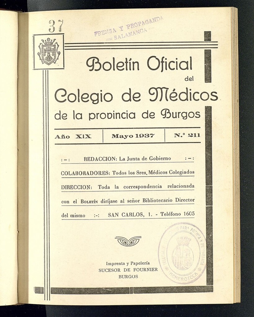 Miniatura de Boletín Oficial del Colegio de Médicos de la Provincia de Burgos. Mayo de 1937, nº 211
