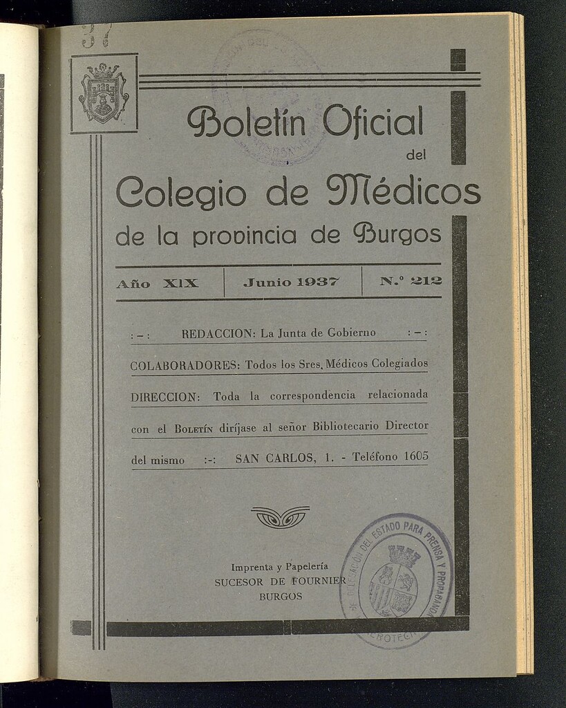 Miniatura de Boletín Oficial del Colegio de Médicos de la Provincia de Burgos. Junio de 1937, nº 212