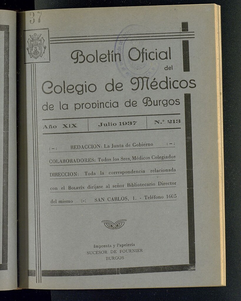 Miniatura de Boletín Oficial del Colegio de Médicos de la Provincia de Burgos. Julio de 1937, nº 213